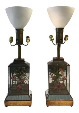 Dorothy Draper Mirrored Colored Shell & Brass Flower Diorama Lamps - a Pair