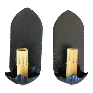 Gothic Hand Hammered Iron and Paint Wall Sconces - a Pair