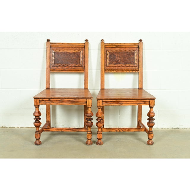 English Early Romweber Antique English Jacobean Carved Oak and Burl Wood Side Chairs or Dining Chairs, Pair For Sale - Image 3 of 14
