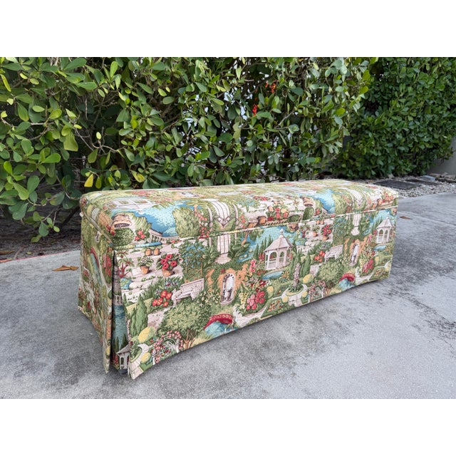 English Garden Skirted Parsons Upholstered Bench For Sale - Image 4 of 12