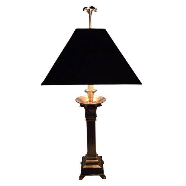 1990s 1991 Neoclassical Solid Brass & Black Marble Column Table Lamp by Chapman W/ Frederick Cooper Paisley Damask Shade - 35" For Sale - Image 5 of 17