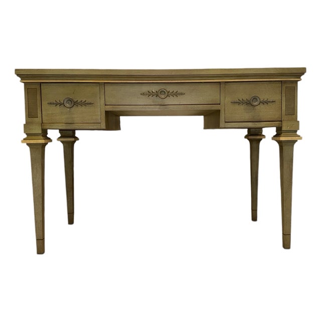 Vintage Neoclassical Sage Green 3-Drawer Writing Desk by White Fine Furniture Co. For Sale