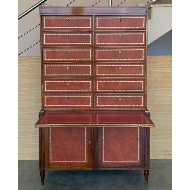 Chippendale Early 20th Century Chippendale Style Orange Tooled Leather Commode Chest of Drawers, Desk For Sale - Image 3 of 18