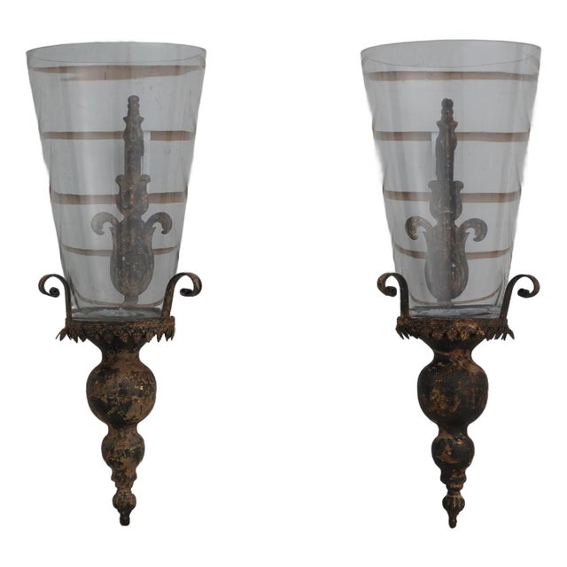 Pair Glass Globe Toleware Candle Wall Sconces For Sale
