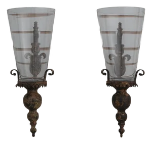 Pair Glass Globe Toleware Candle Wall Sconces
