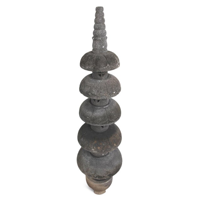 Beautiful vintage outdoor round carved lava stone garden pagoda. Hand crafted piece from Indonesia. Each level is stacked...