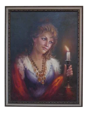 1960s Vintage Italian Portrait of Woman Framed Oil on Canvas Painting