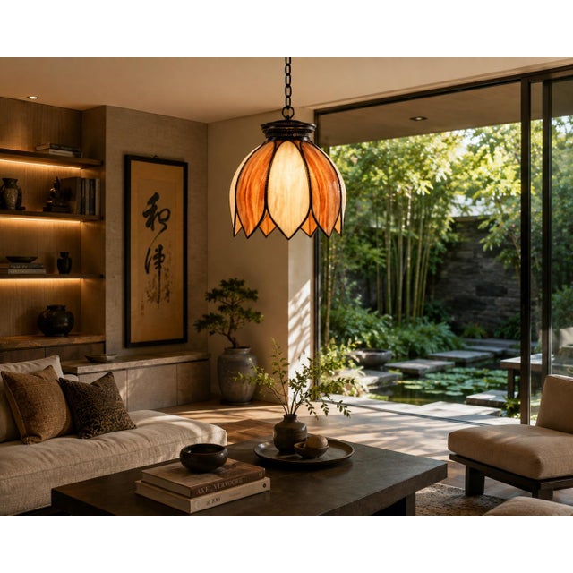 A lovely Tiffany-style ceiling light shade (shade only, needs wiring) handcrafted with individual panels of richly colored...