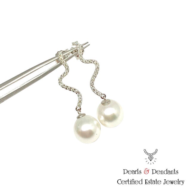 Diamond South Sea Pearl Earrings 14k White Gold Certified For Sale - Image 4 of 4