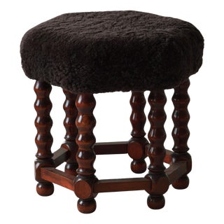Hexagon Stool in Dark Brown Lambswool, 1950s For Sale