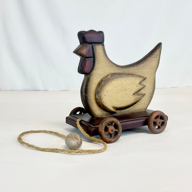 1980s Wooden Farmhouse Rustic Pull Toy Chicken, Decorative Object ...