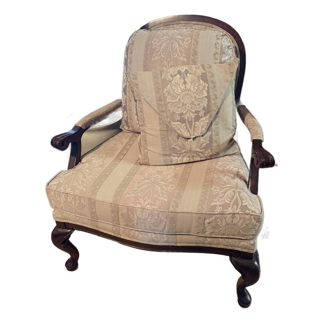 Bassett French Provincial Style Bergère Armchair W Formal Brocade or Damask Upholstery W Coordinating Decorative Envelope Pillow. For Sale