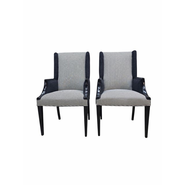 Vintage Wingback Style Wood Black Lacquer Frame Armchairs Newly Reupholstered - Pair For Sale - Image 11 of 12