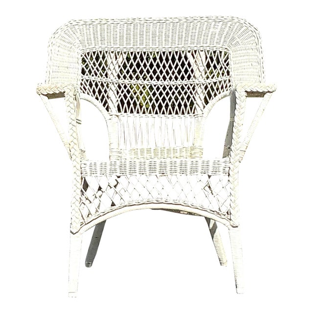 Vintage Coastal Paddle Arm Woven Rattan Lounge Chair For Sale