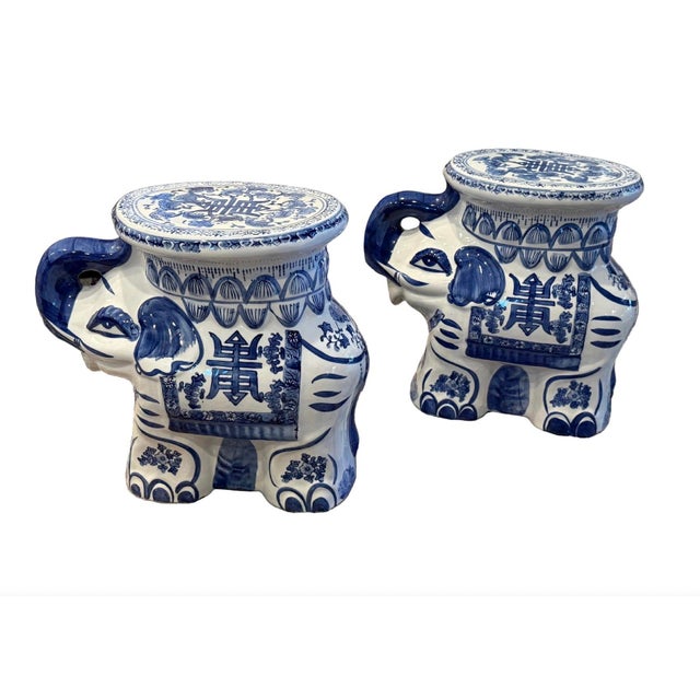 Chinoiserie Pair of Chinese Export Blue & White Ceramic Elephant Plant Stands / Garden Stools For Sale - Image 3 of 9