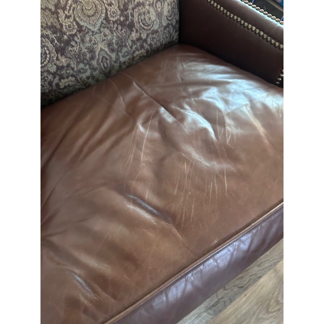 English Vintage Century Furniture Leather & Tapestry Oversized Wingback Chair For Sale - Image 3 of 14