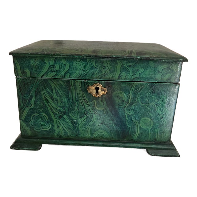 Antique English Hand Painted Faux Malachite Wood Tea Caddy Box For Sale