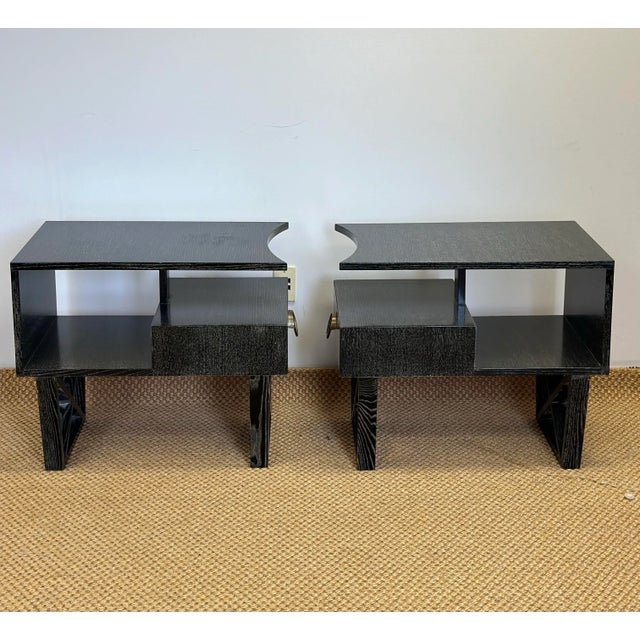 Wood Vintage Modern Cantilever Dark Green Cerused Nightstands or Side Tables – a Pair For Sale - Image 7 of 12