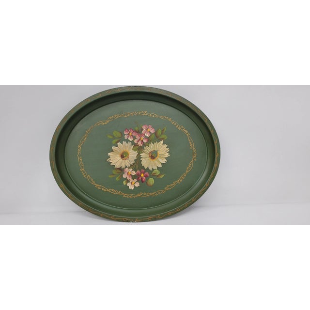 1970s Rustic Floral Metal Tole Serving Tray For Sale - Image 6 of 7
