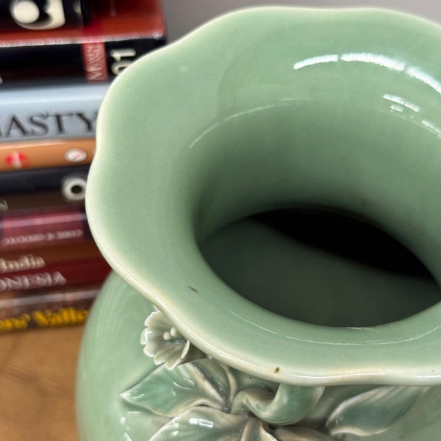 Green Ceramic Vase with Botanical Theme Handles For Sale - Image 11 of 11