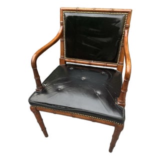 Mid-Century Hollywood Regency Faux Bamboo & Tufted Black Leather Armchair For Sale
