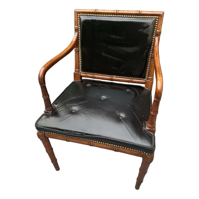 Mid-Century Hollywood Regency Faux Bamboo & Tufted Black Leather Armchair For Sale