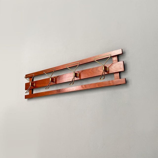 1960s Mid-Century Italian Modern Wood and Brass Wall Coat Hanger, 1960s For Sale - Image 5 of 14