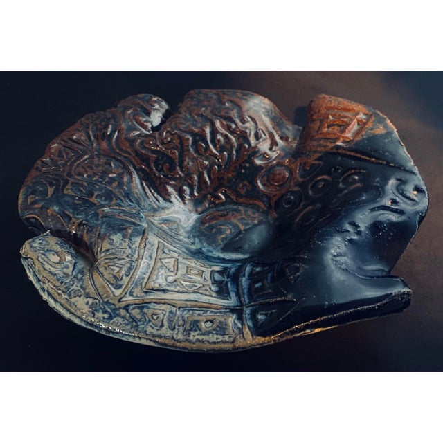 1990s Decorative Handmade Slump / Handkerchief / Dump Ceramic Bowl Brown Blue & White For Sale - Image 5 of 10