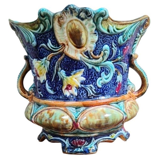 19th Century Majolica Flowers Cache Pot Wasmuel.