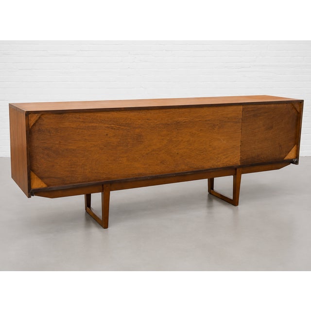 Mid Century Modern Teak Credenza by Stonehill | Long Sideboard With Funky Sculpted Pulls and Sled Legs, Made in England, C. 1960’s For Sale - Image 18 of 18