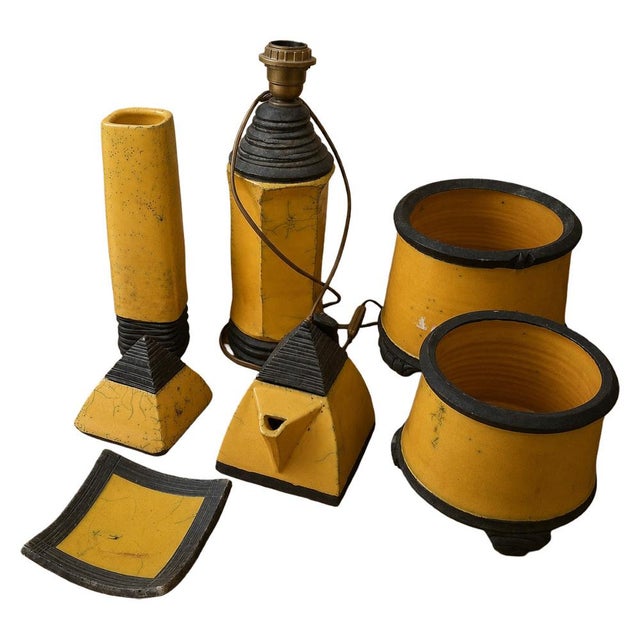 Art Deco Desk Set in Yellow and Black Crackled Ceramic, 1930s, Set of 7 For Sale - Image 9 of 9