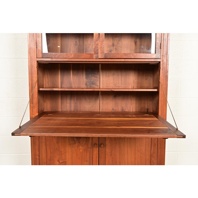 English Country Farmhouse Studio Crafted Carved Walnut Drop Front Secretary Desk With Bookcase For Sale In South Bend - Image 6 of 14