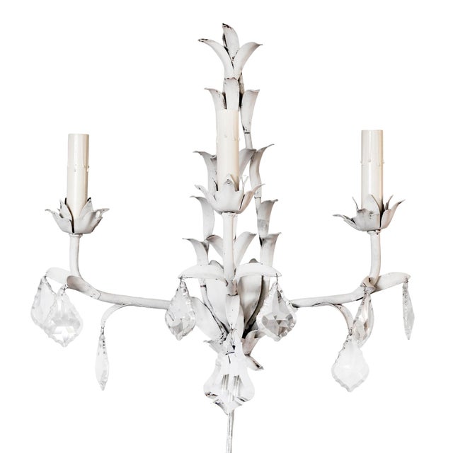 1960s Italian Painted Metal & Crystal Wall Sconces /Three Lights - a Pair For Sale - Image 4 of 12
