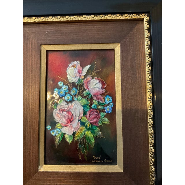 Limoges, France Limoges Framed Floral Glass Enamel on Copper Plaque by Camille Faure For Sale - Image 4 of 6
