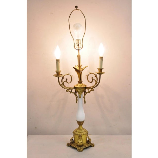 Gold Antique French Louis XV Style Gilt Bronze & Porcelain Candelabra Table Lamp For Sale - Image 8 of 11