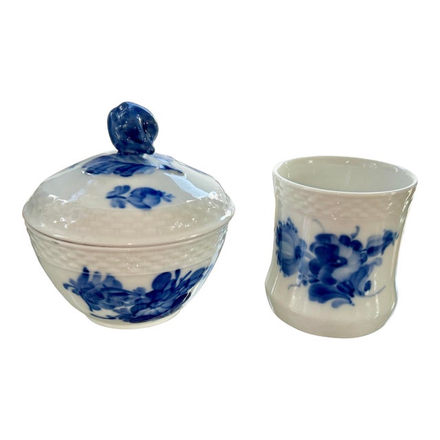 Mid 20th Century Royal Copenhagen Braided Blue Flower Sugar Bowl & Cup For Sale