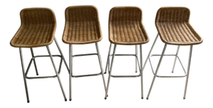 Rattan Bar Stools attributed to Rohé Noordwolde, 1960s, Set of 4