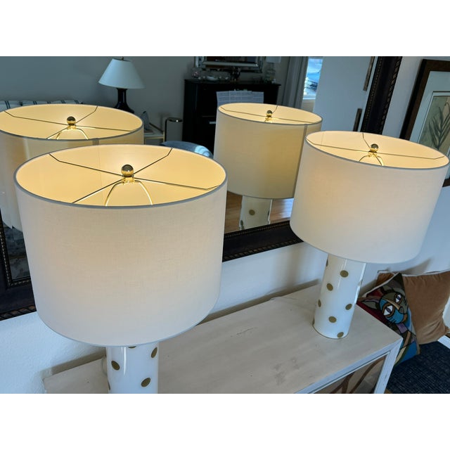 Contemporary Kate Spade Cream & Gold Pavilion Polka Dot Cylinder Table Lamp W/ Cream Linen Shade; Set of 2 For Sale - Image 3 of 17