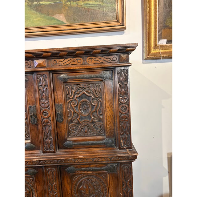 Early 20th Century Hand-Carved Gothic Revival Two-Tiered Cabinet With Iron Hardware For Sale - Image 13 of 16