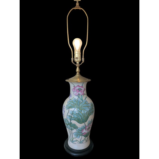 Antique Chinoiserie Porcelain Enamel Lotus Flower Vase Lamp For Sale - Image 12 of 18