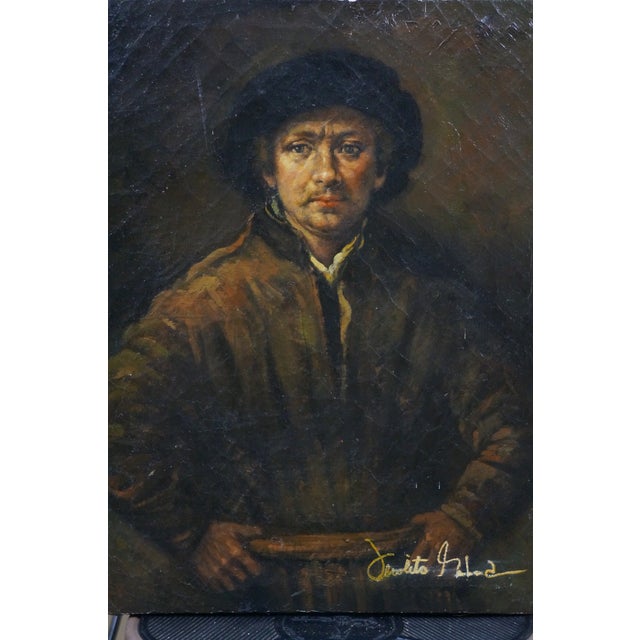 Vintage Oil Painting Self Portrait After Rembrandt Canvas Signed 16" For Sale - Image 4 of 10