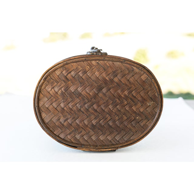 Brown Vintage Tropical Tiki Style Oval Dark Brown Wicker Knitting Sewing Basket With Hinged Lid For Sale - Image 8 of 13