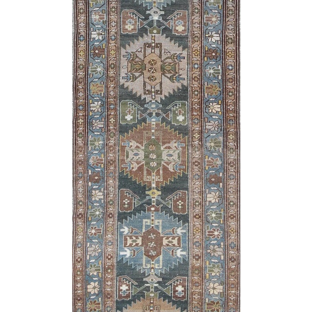 Antique Persian Hamadan Runner With Angular Medallion Design in Soft Blue, Green For Sale - Image 4 of 12