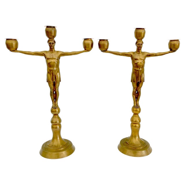 Hans Harry Liebmann, Pair Art Deco Bronze Draped Male Greco-Roman Candelabra For Sale - Image 9 of 18