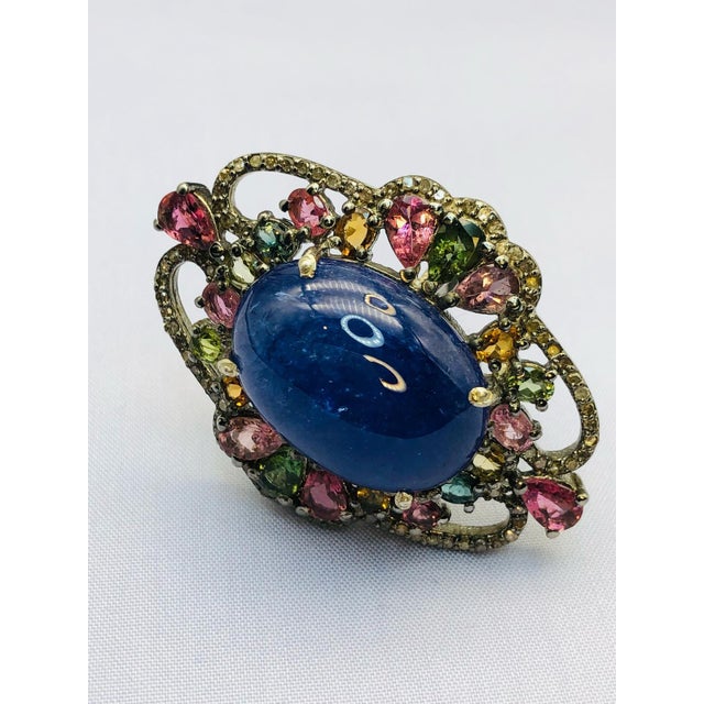 Blue Bochic “Orient” Diamond, Tourmaline & Tanzanite Ring Set In 18K Gold & Silver For Sale - Image 8 of 12