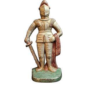 Antique Cast Iron Knight in Armor Doorstop Gold Red Paint 9" Figural Sentry