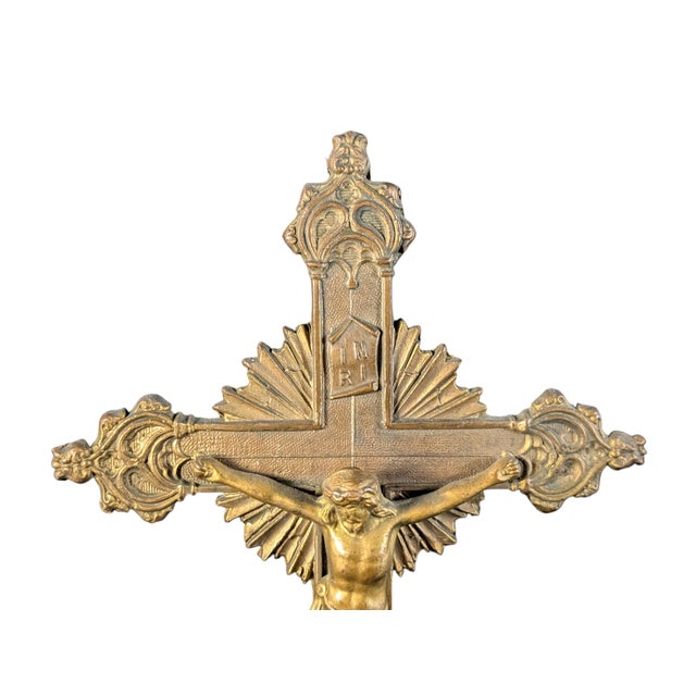 This antique crucifix is in wonderful condition, standing nine inches tall with some patina to the gold painted metal....