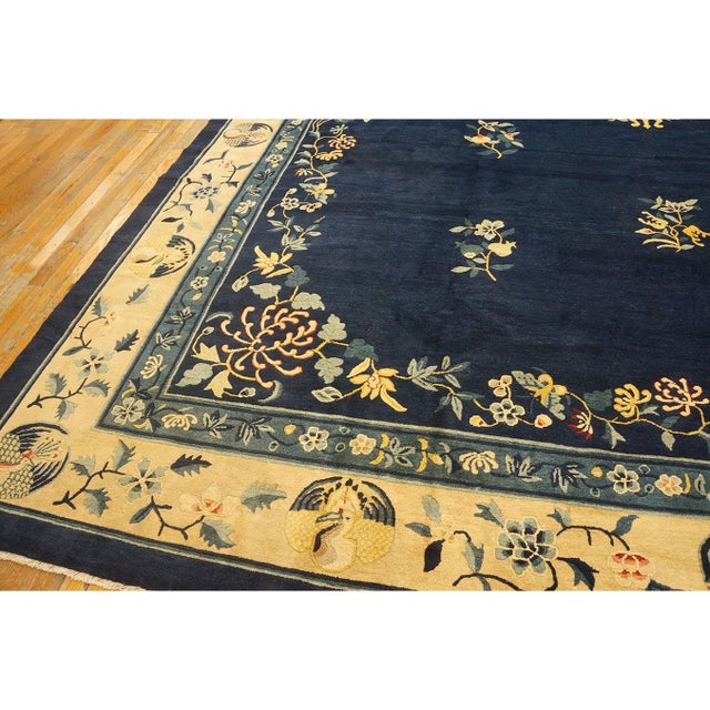 1920s Navy Blue Floral Deco Antique Chinese Peking Knotted Rug 11'9'' X 14'3'' For Sale - Image 9 of 12