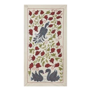 Blue & Red Swan Embroidery | Vintage Bird Motif Table Decor 1'7'' X 2'9'' For Sale