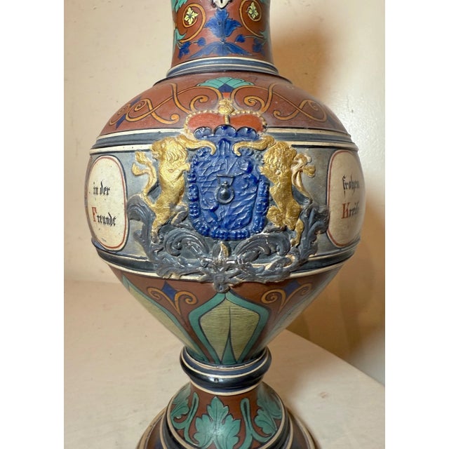 Huge Antique Handmade Armorial German Painted Pottery Beer Pitcher Stein Ewer For Sale - Image 4 of 18